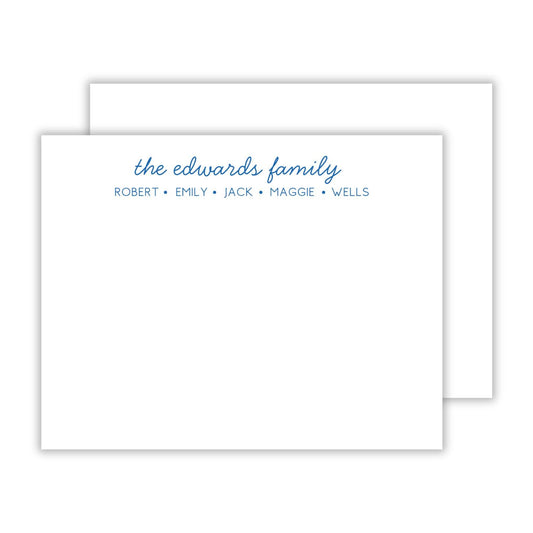 personalized notecard set with the family last name in script font and individual family member first names below in sans serif font separated by dots, ShooFly Paper Co. Auburn, Alabama