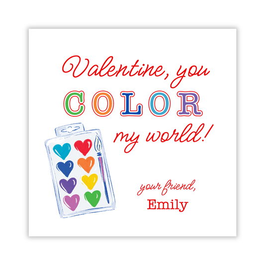 personalized gift tag with heart watercolor paints, valentine you color my world, art valentine gift tag, class valentine gift, ShooFly Paper Co. Auburn, Alabama
