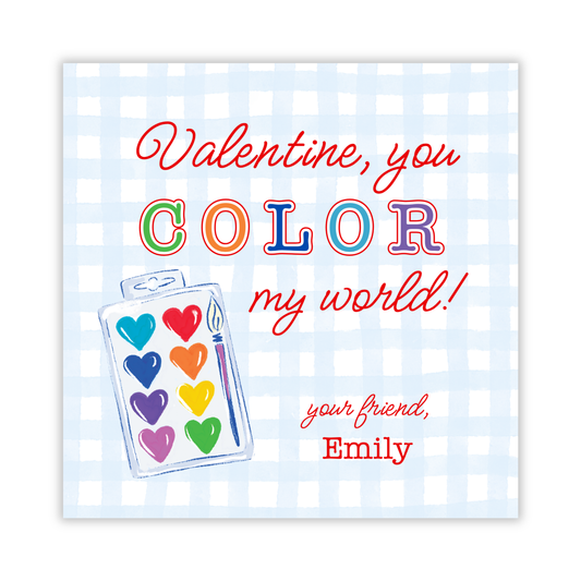 personalized gift tag with heart watercolor paints, valentine you color my world, art valentine gift tag, class valentine gift, ShooFly Paper Co. Auburn, Alabama