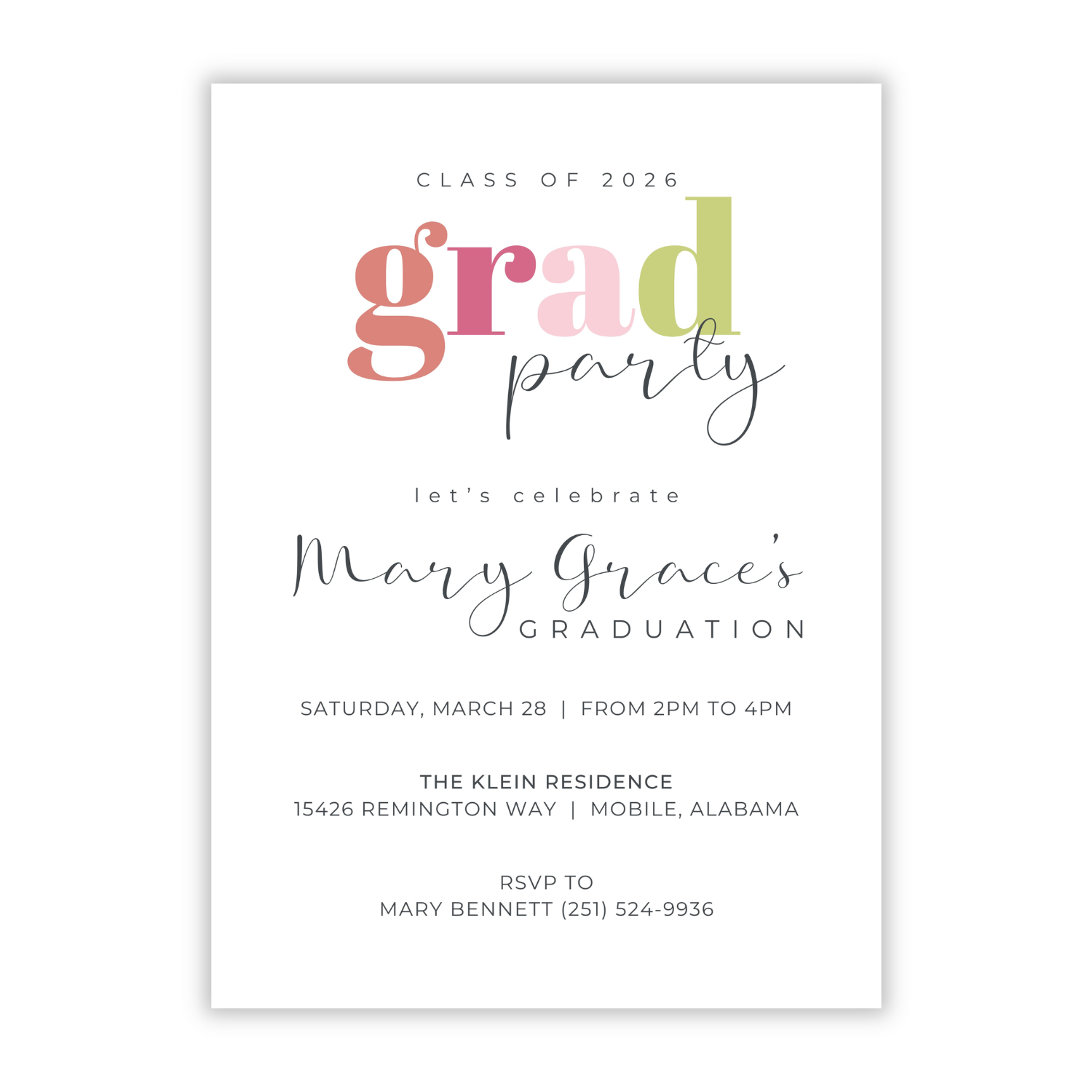 graduation party invitation with color block "grad" and combination of script and basic sans serif font, ShooFly Paper Co. Auburn, Alabama