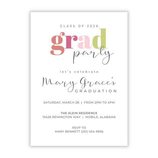 graduation party invitation with color block "grad" and combination of script and basic sans serif font, ShooFly Paper Co. Auburn, Alabama