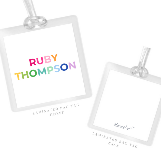 lamianted bag tag with colorblock multicolor name, ShooFly Paper Co. Auburn, AL