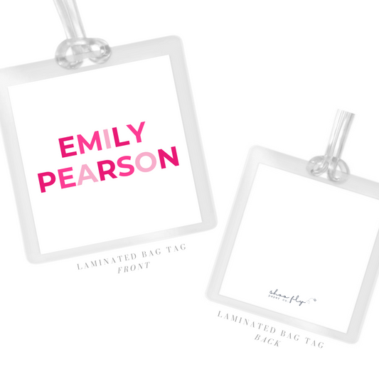 laminated bag tag with colorblock name in pink, ShooFly Paper Co. Auburn, AL