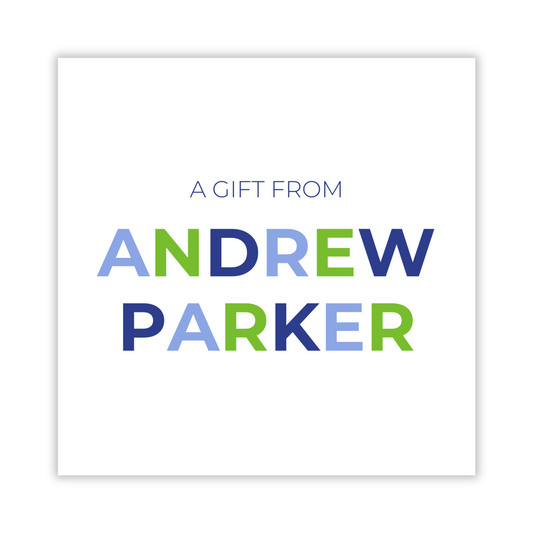 personalized gift tag with blues & green colorblock name, custom gift tags, ShooFly Paper Co. Auburn, Alabama