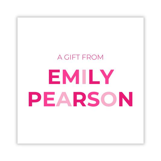 personalized gift tag with colorblock name in different shades of pink, custom gift tag, ShooFly Paper Co. Auburn, Alabama
