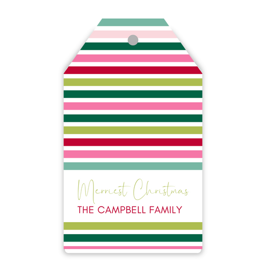 hanging christmas gift tag with colorful stripes & script Merry Christmas text, ShooFly Paper Co. Auburn, Alabama