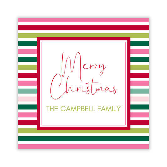 Christmas gift tag with colorful stripes, ShooFly Paper Co. Auburn, Alabama