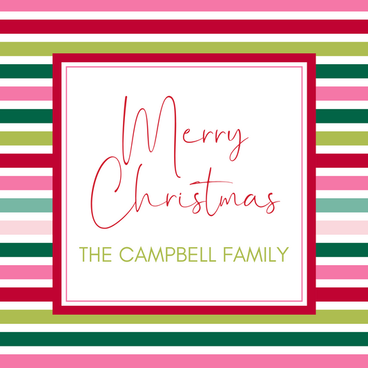 Christmas gift tag with colorful stripes, ShooFly Paper Co. Auburn, Alabama