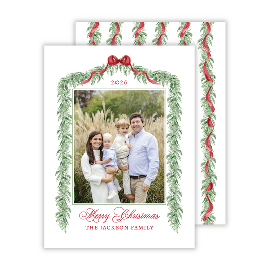 personalized photo Christmas card with traditional elegant Christmas garland with red ribbon, ShooFly Paper Co. Auburn, Alabama