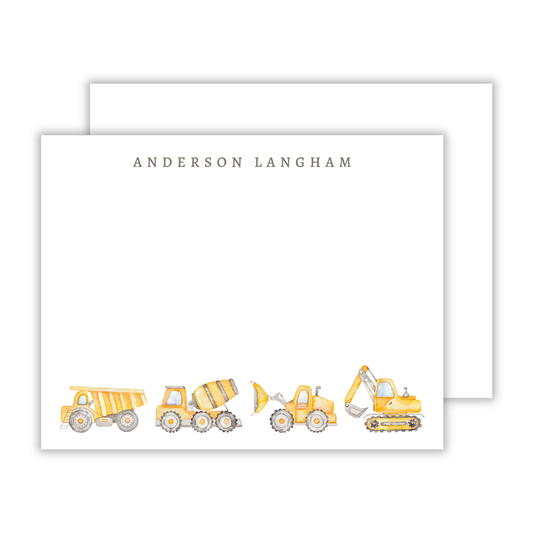 personalized notecard with with simple serif font name at the top and watercolor construction vehicles across the bottom, ShooFly Paper Co. Auburn, Alabama