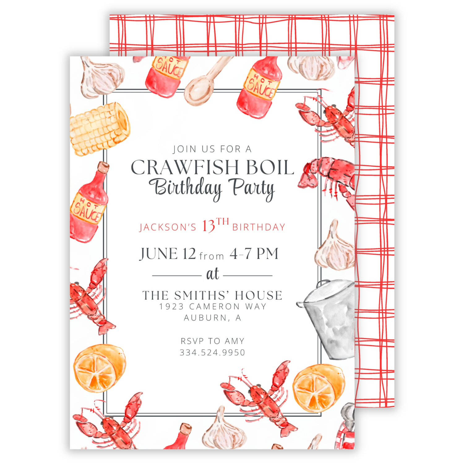 birthday invitation for crawfish boil themed party, ShooFly Paper Co. Auburn, Alabama