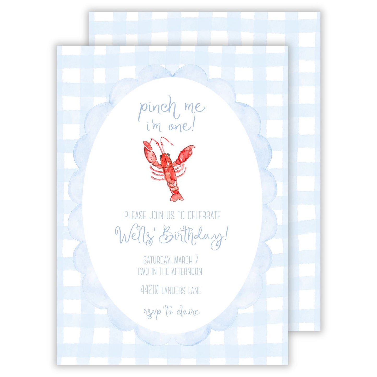personalized birthday party invitation with light blue watercolor gingham background and a drawn watercolor crawfish; pinch me I'm one; ShooFly Paper Co. Auburn, Alabama