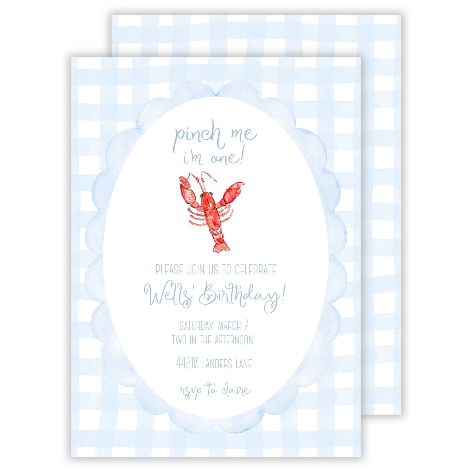 personalized birthday party invitation with light blue watercolor gingham background and a drawn watercolor crawfish; pinch me I'm one; ShooFly Paper Co. Auburn, Alabama