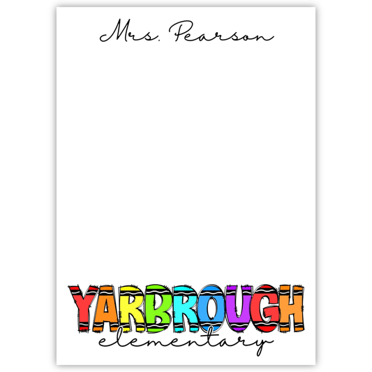 personalized notepad with school name in colorful crayon letters and teacher name in casual script font, ShooFly Paper Co. Auburn, Alabama