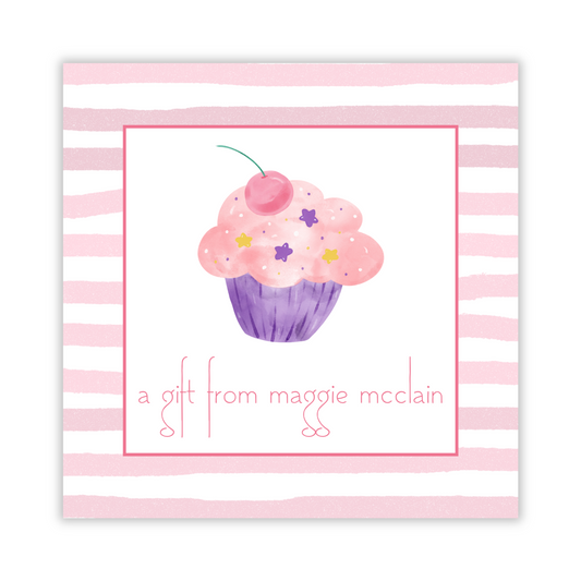 gift tag for girl with pink stripes and whimsical cupcake, birthday gift tag for kids, ShooFly Paper Co. Auburn, Alabama