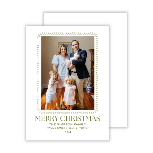 minimalist photo christmas card with curly frame around photo, ShooFly Paper Co. Auburn, Alabama
