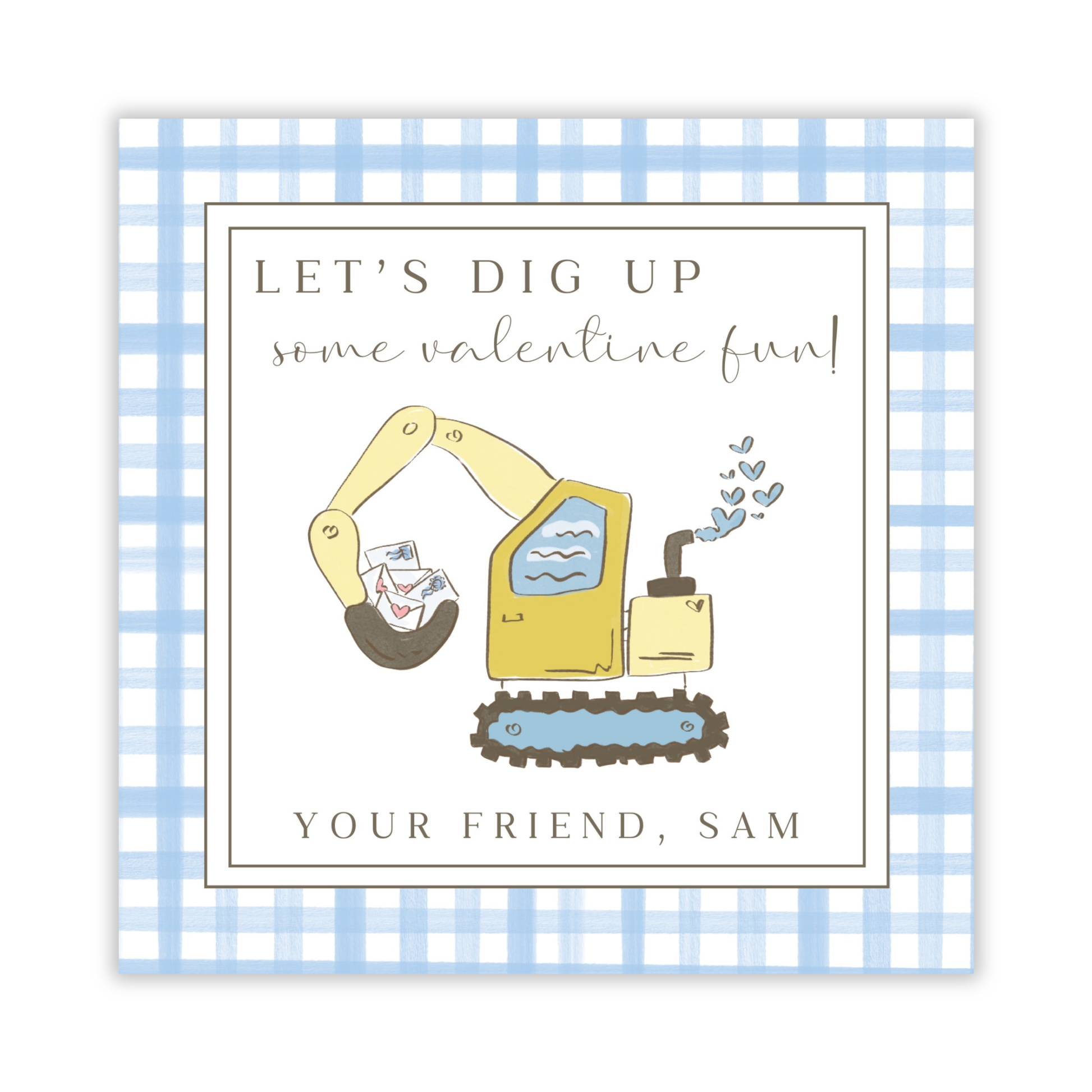 personalized valentine gift tag with drawn excavator and blue gingham border, let's dig up some valentine fun, ShooFly Paper Co. Auburn, Alabama