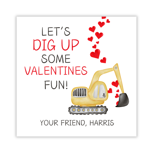 valentines gift tag with construction excavator, Dig Up Some Fun, ShooFly Paper Co. Auburn, Alabama