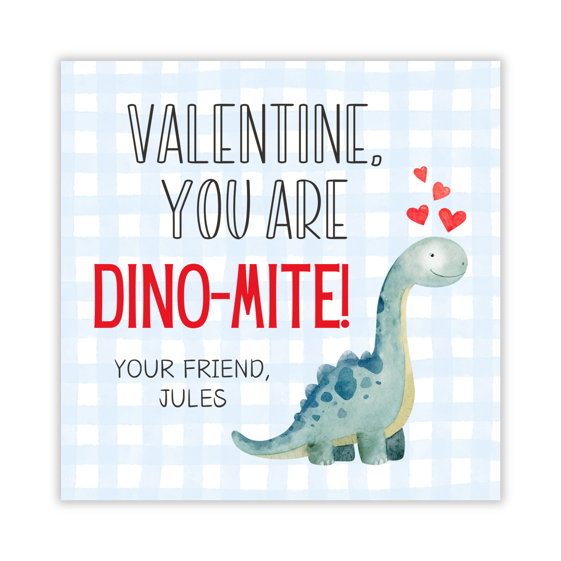 valentines gift tag with blue gingham background and watercolor dinosaur, you are Dinomite, ShooFly Paper Co. Auburn, Alabama