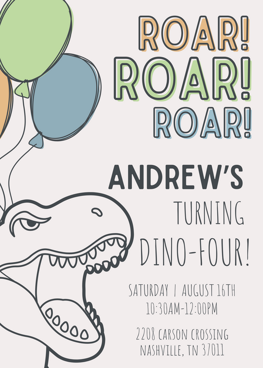 dinosaur party invitation, dinoFOUR, ShooFly Paper Co. Auburn, Alabama