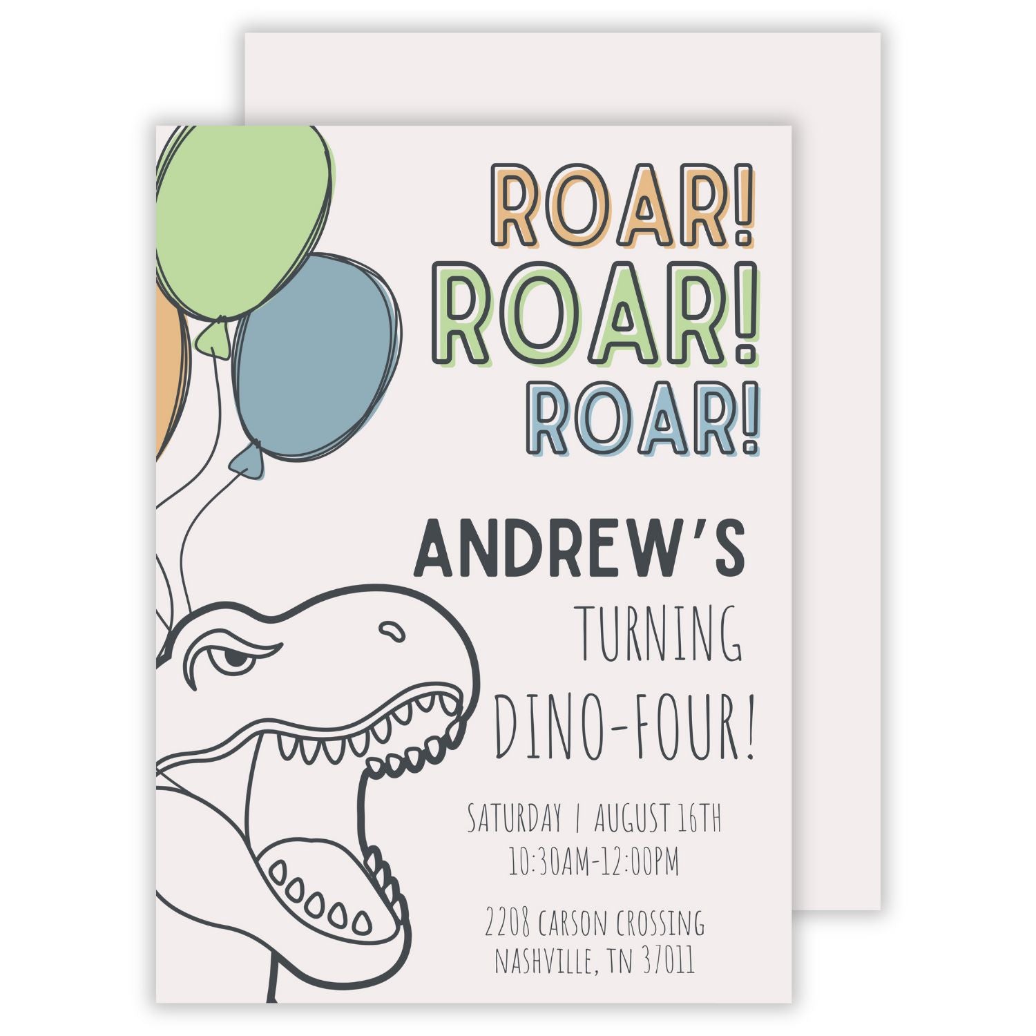 birthday invitation for dinosaur-themed fourth birthday party, ShooFly Paper Co. Auburn, Alabama