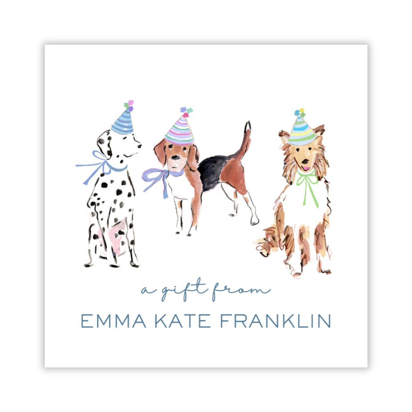 personalized square gift tag with drawn dogs with party hats, ShooFly Paper Co. Auburn, Alabama