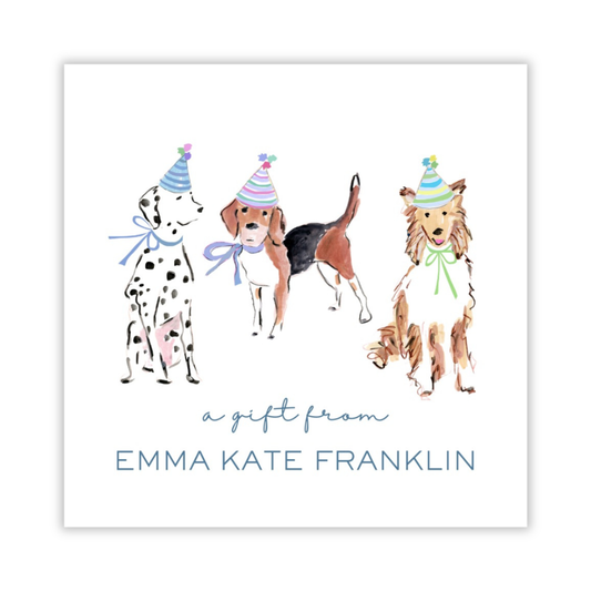 personalized square gift tag with drawn dogs with party hats, ShooFly Paper Co. Auburn, Alabama