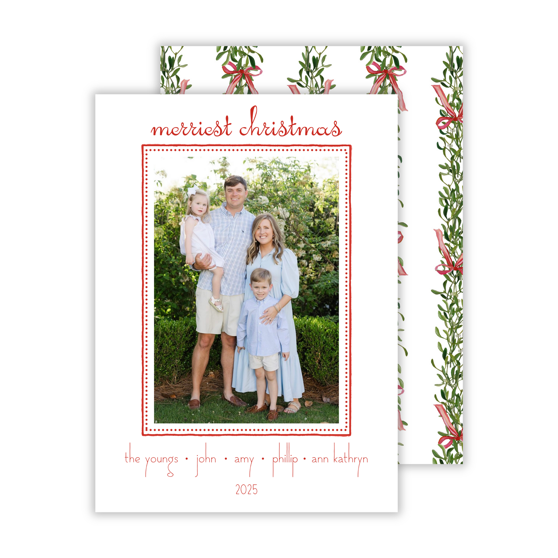 minimalist photo christmas card with simple dot frame and mistletoe stripe background, ShooFly Paper Co. Auburn, Alabama