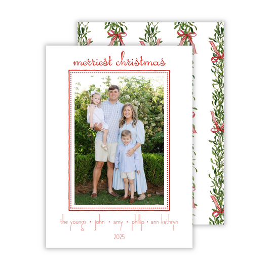 minimalist photo christmas card with simple dot frame and mistletoe stripe background, ShooFly Paper Co. Auburn, Alabama