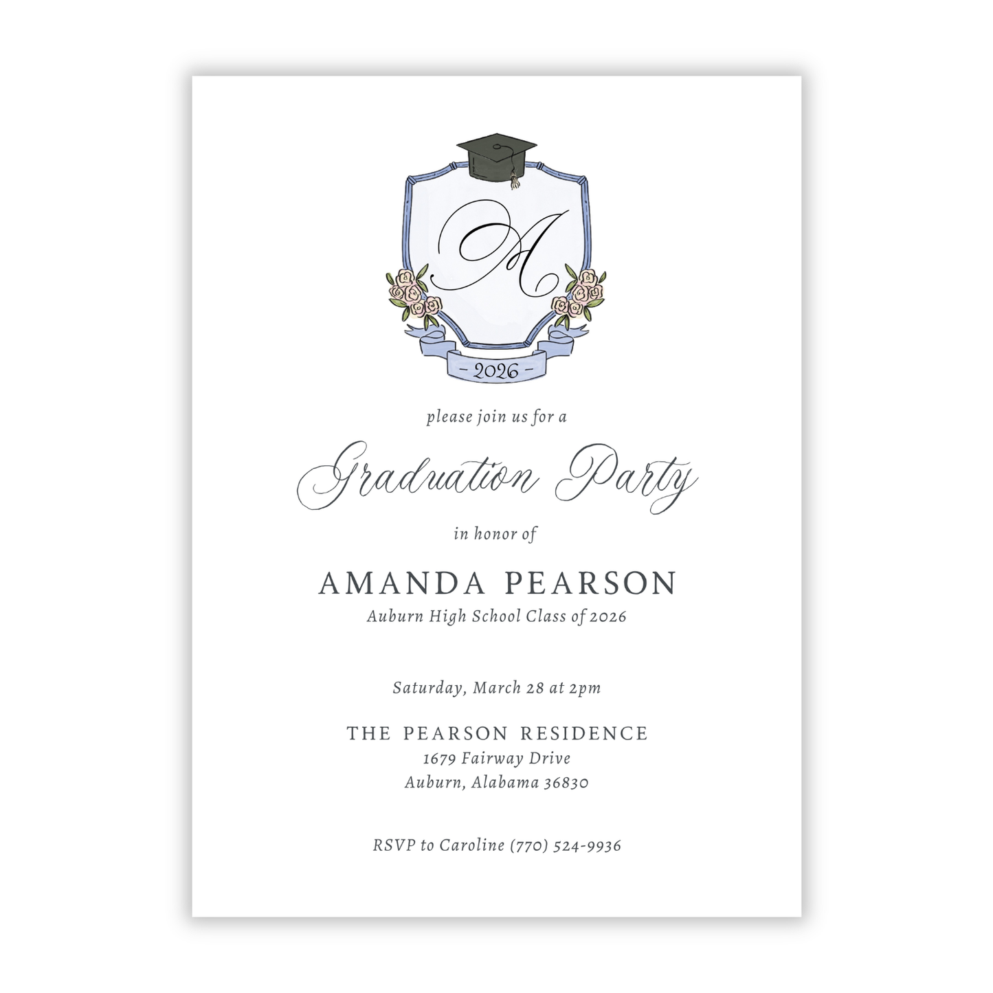 personalized invitation for graduation party with drawn floral crest, commencement announcement, ShooFly Paper Co. Auburn, Alabama