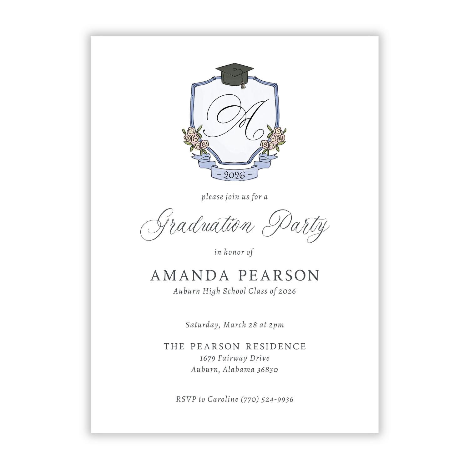 personalized invitation for graduation party with drawn floral crest, commencement announcement, ShooFly Paper Co. Auburn, Alabama