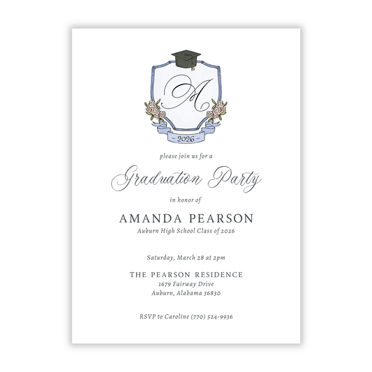 personalized invitation for graduation party with drawn floral crest, commencement announcement, ShooFly Paper Co. Auburn, Alabama