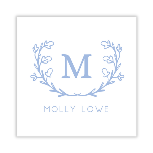 gift tag with drawn flower crest and single initial, ShooFly Paper Co. Auburn, Alabama