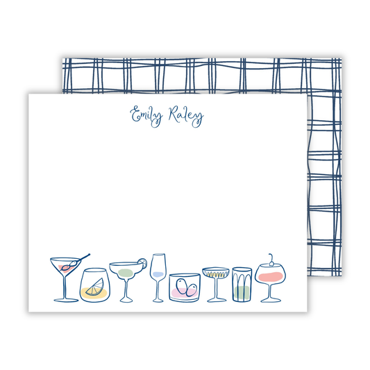 personalized notecard set with drawn beverage classes of different sizes and styles with a handwritten script font name, ShooFly Paper Co. Auburn, Alabama