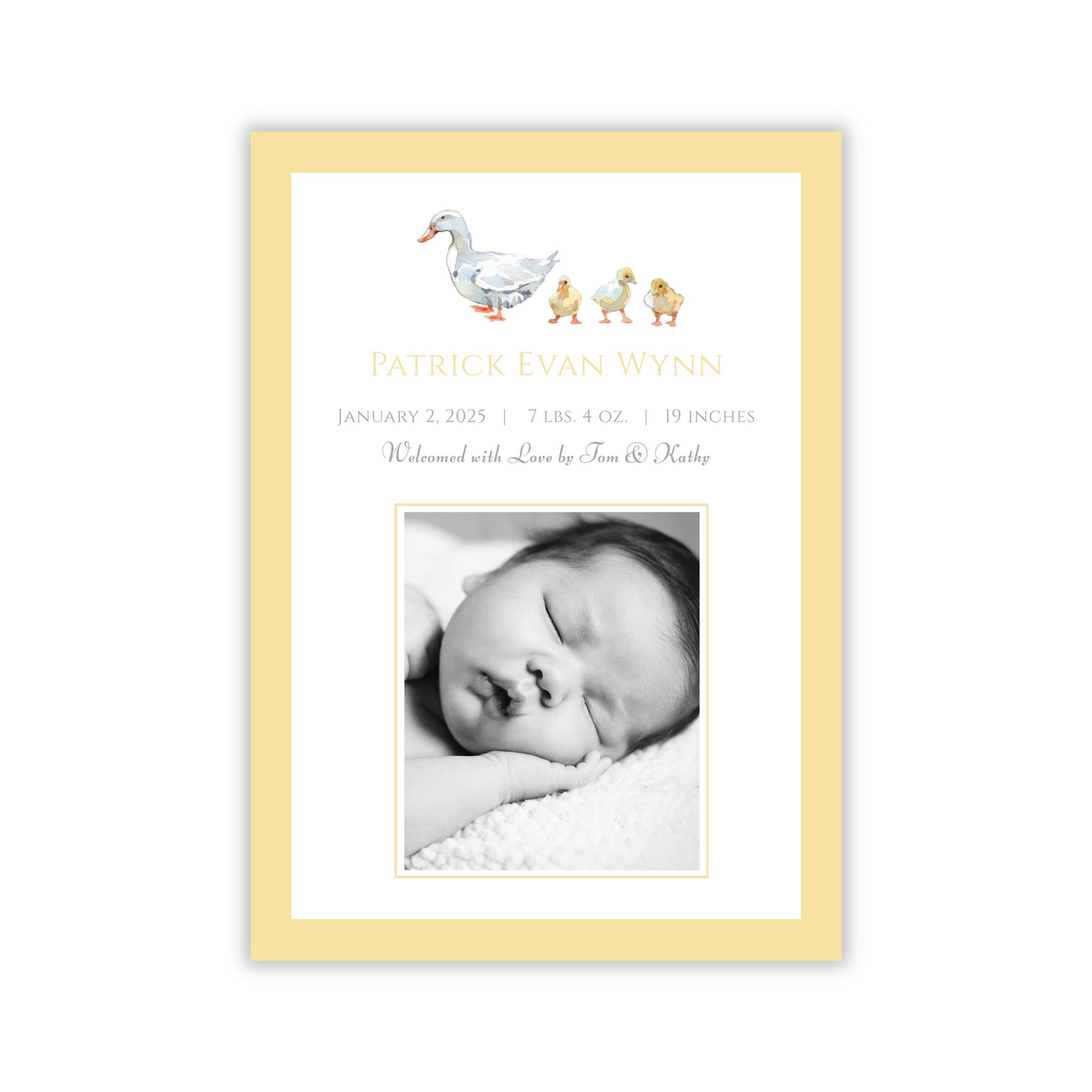 yellow birth announcement with mama duck and baby ducklings, ShooFly Paper Co. Auburn, Alabama