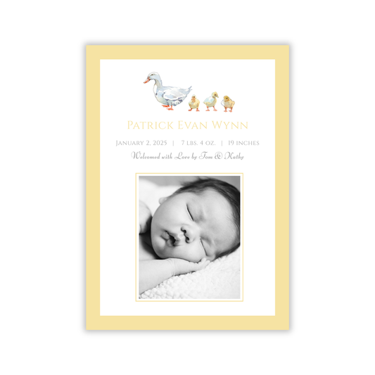yellow birth announcement with mama duck and baby ducklings, ShooFly Paper Co. Auburn, Alabama