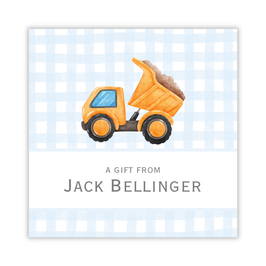 personalized gift tag for little boys with watercolor dump truck and blue gingham background, gift tag for construction party, ShooFly Paper Co. Auburn, Alabama