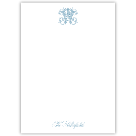 personalized notepad with elegant vine initial and script font name, ShooFly Paper Co. Auburn, Alabama
