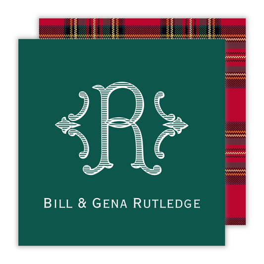 personalized christmas gift tag with elegant initial and tartan plaid back, ShooFly Paper Co. Auburn, Alabama