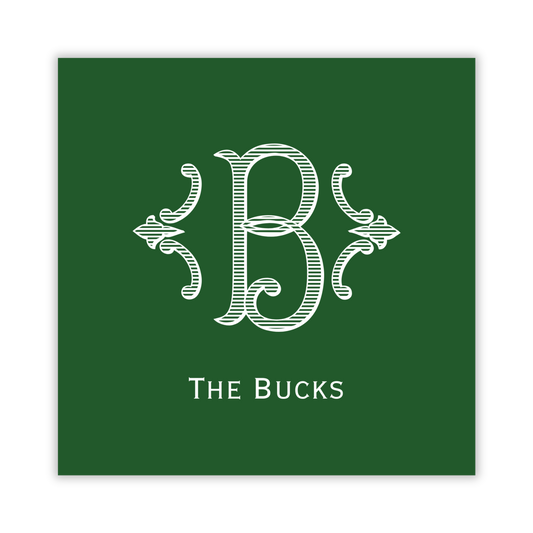 green gift tag with romanesque single initial; ShooFly Paper Co. Auburn, Alabama