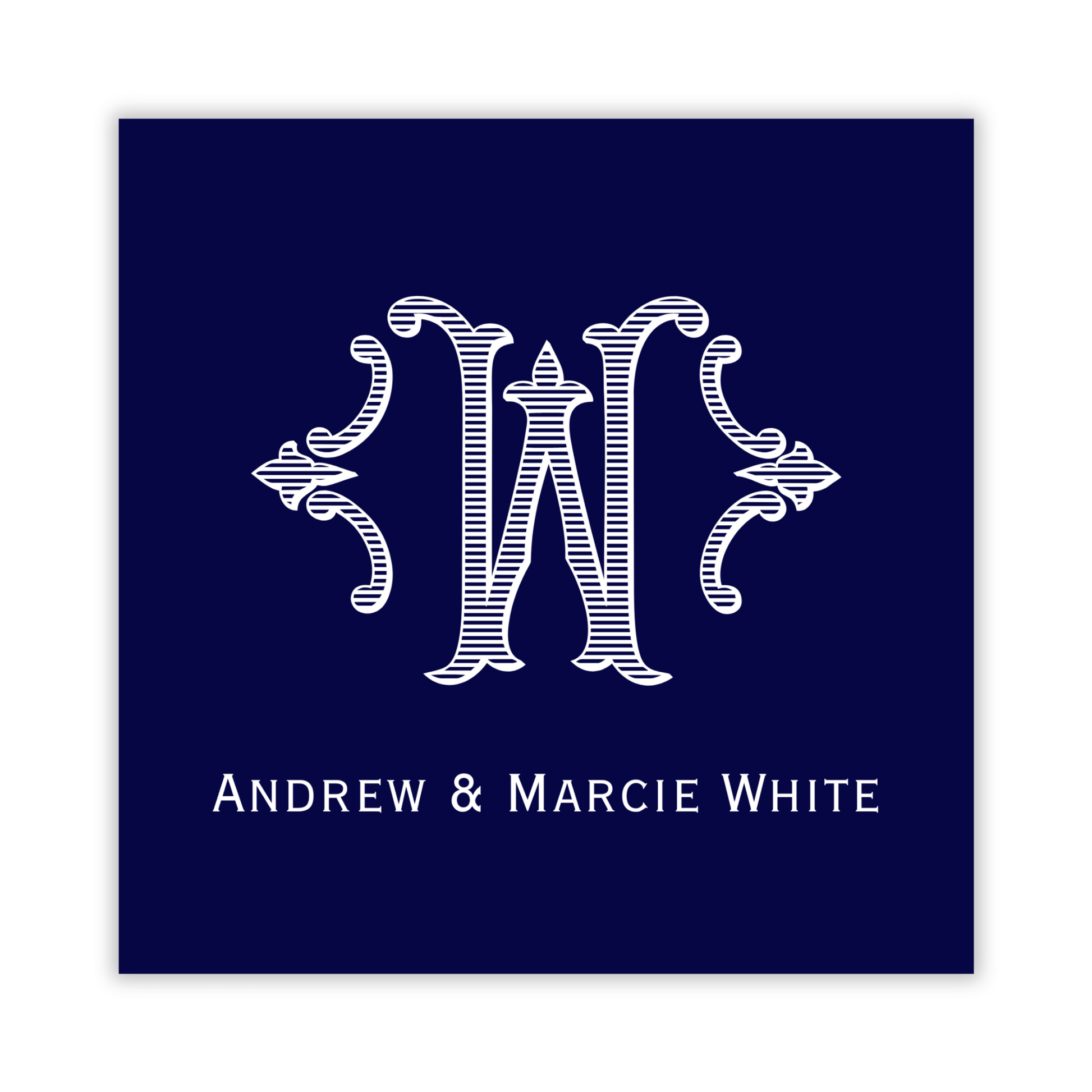 navy blue gift tag with romanesque single initial; ShooFly Paper Co. Auburn, Alabama