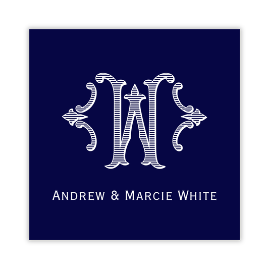 navy blue gift tag with romanesque single initial; ShooFly Paper Co. Auburn, Alabama