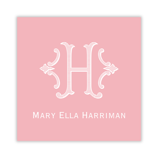 pink gift tag with romanesque single initial; ShooFly Paper Co. Auburn, Alabama