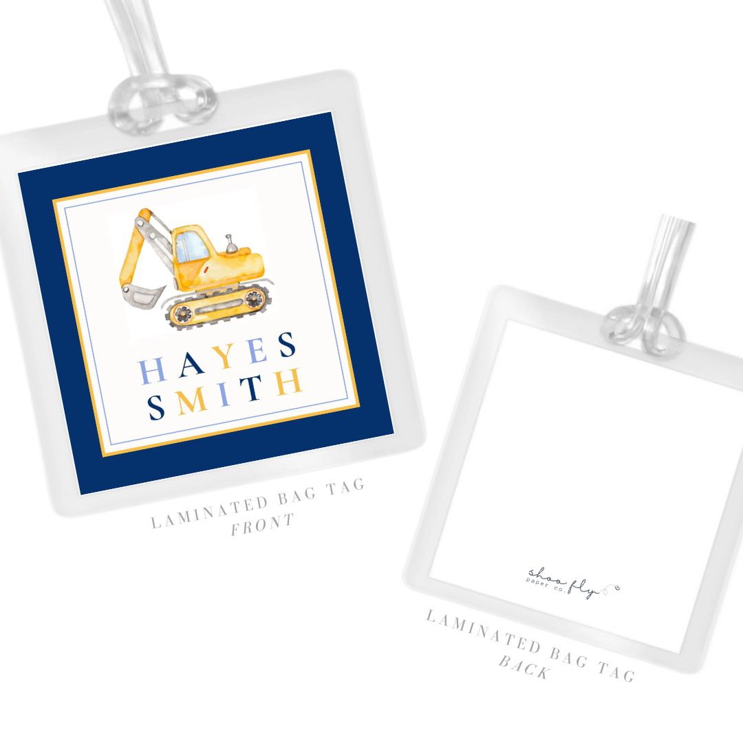 personalized laminated bag tag with watercolor excavator and color block name, ShooFly Paper Co. Auburn, Alabama