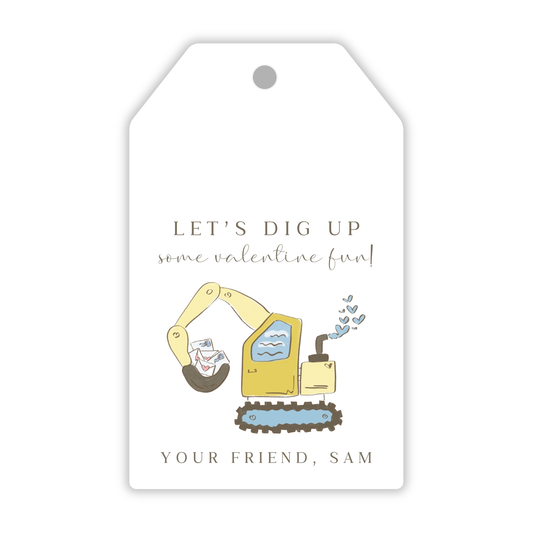 personalized valentine gift tag with drawn excavator, Let's Dig Up Some Valentine Fun, ShooFly Paper Co. Auburn, Alabama
