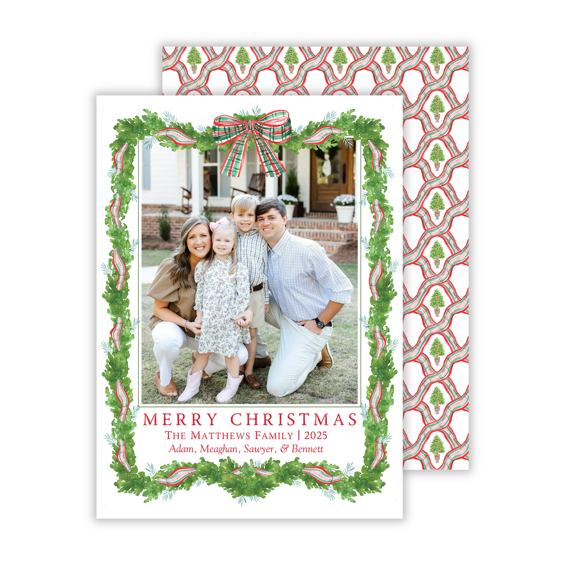 photo christmas card with greenery frame with red and green ribbon intertwined throughout, ShooFly Paper Co. Auburn, Alabama