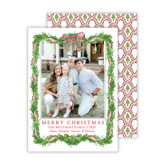 photo christmas card with greenery frame with red and green ribbon intertwined throughout, ShooFly Paper Co. Auburn, Alabama