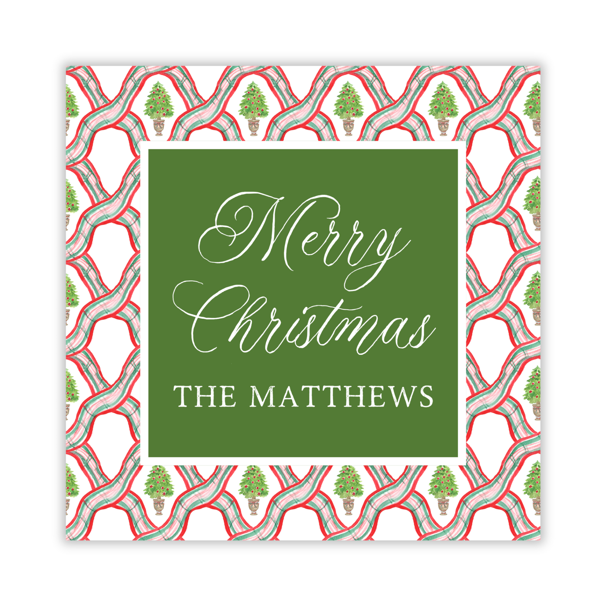 personalized christmas gift tag with watercolor festive ribbons and topiary christmas tree; christmas enclosure card, ShooFly Paper Co. Auburn, Alabama
