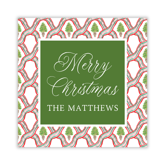 personalized christmas gift tag with watercolor festive ribbons and topiary christmas tree; christmas enclosure card, ShooFly Paper Co. Auburn, Alabama