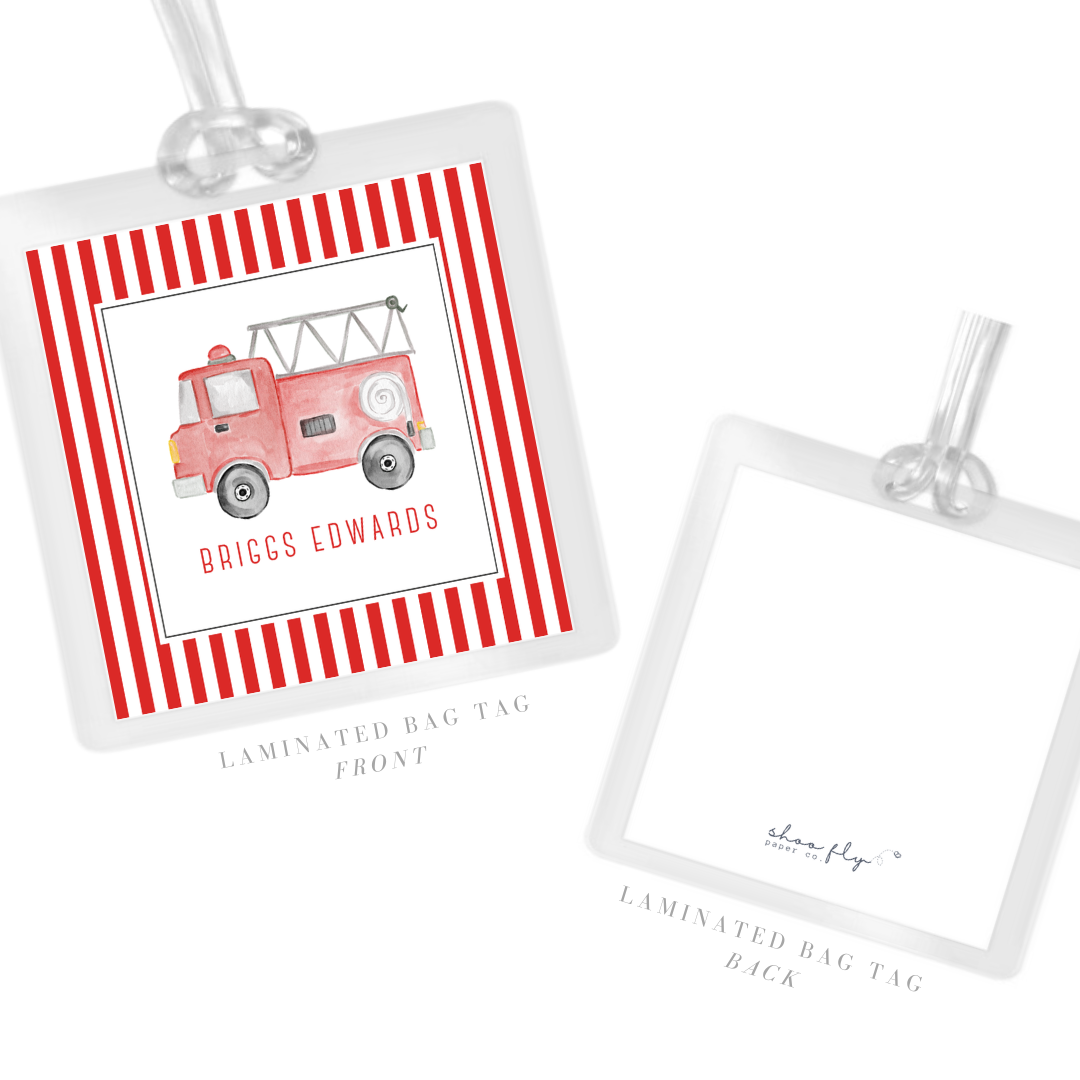 personalized laminated bag tag with watercolor fire truck design, ShooFly Paper Co. Auburn, Alabama
